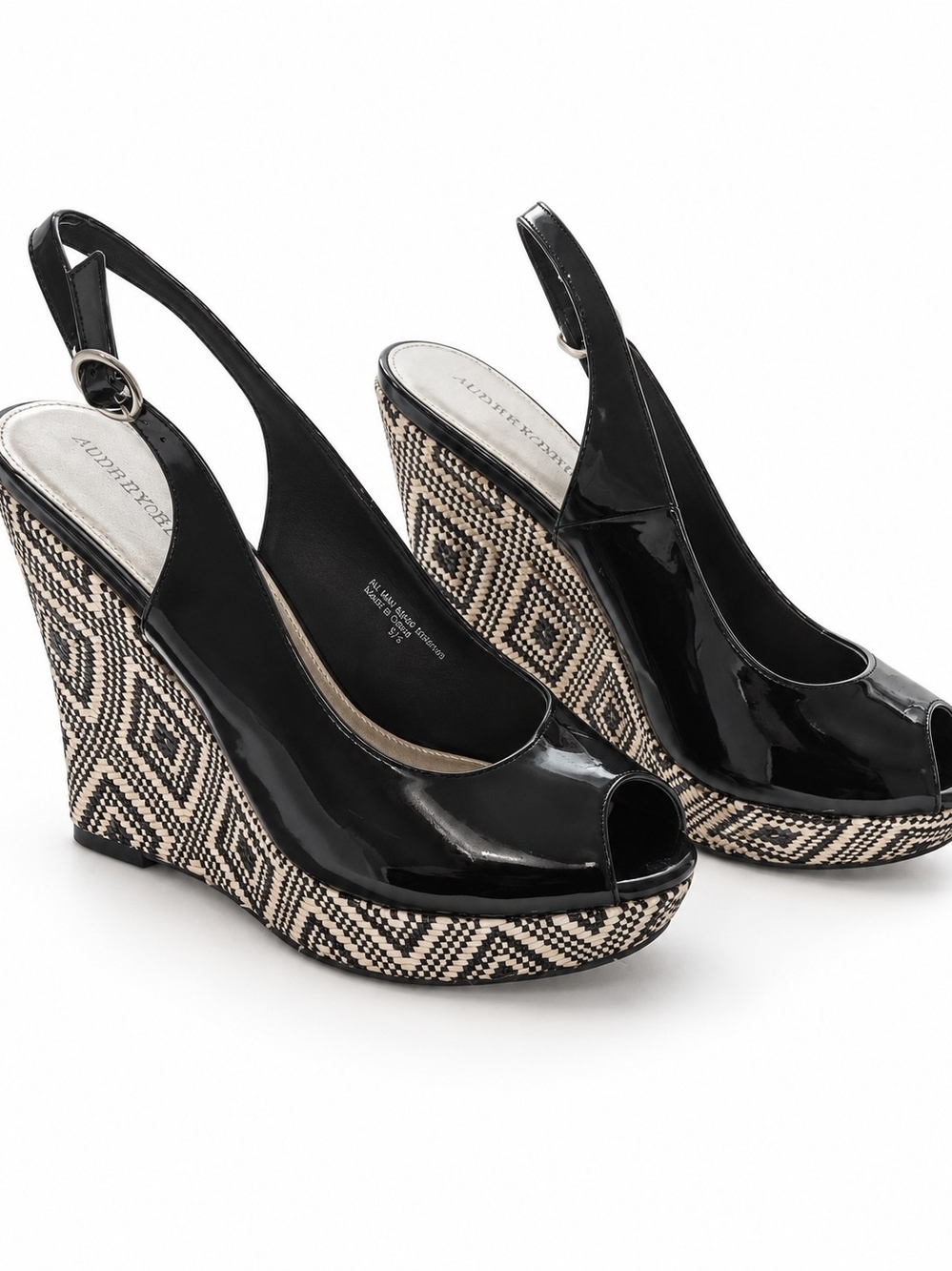 Audrey Brooke Black Patent Peep-Toe Slingback Wedges with Geometric Platform